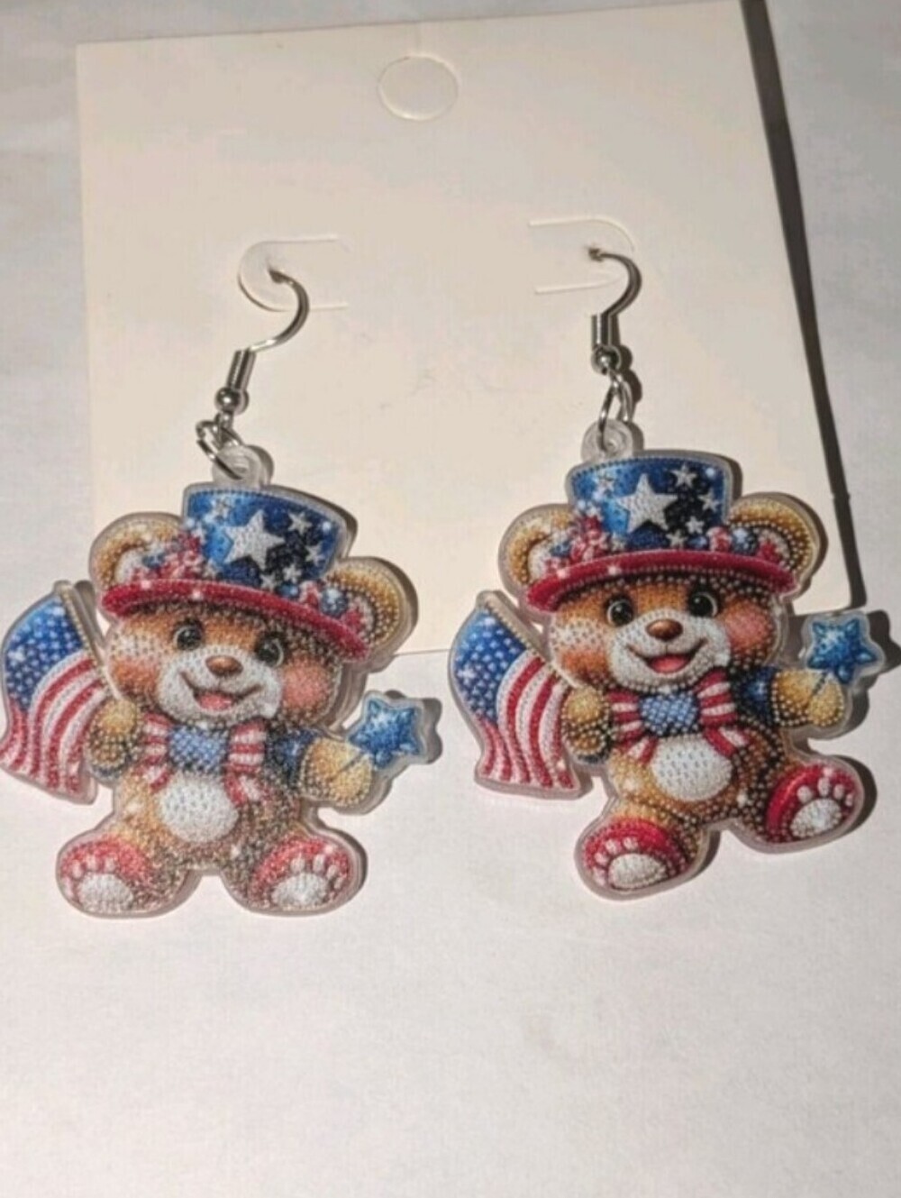 Patriotic Teddy Bear Dangle Earrings - Red White Blue